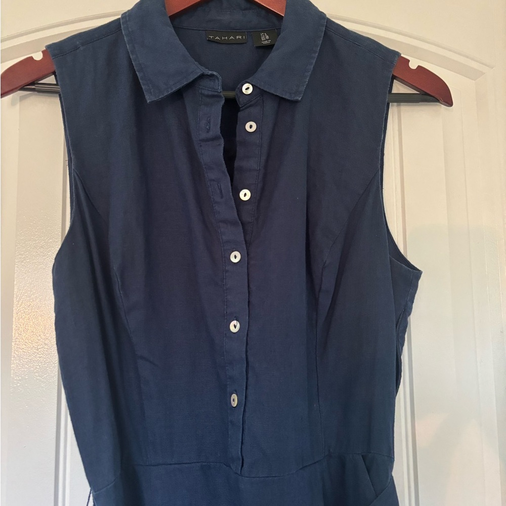 Tahari Navy Linen Sleeveless Shirt Dress with Tie Waist Size 6 - Picture 3 of 9